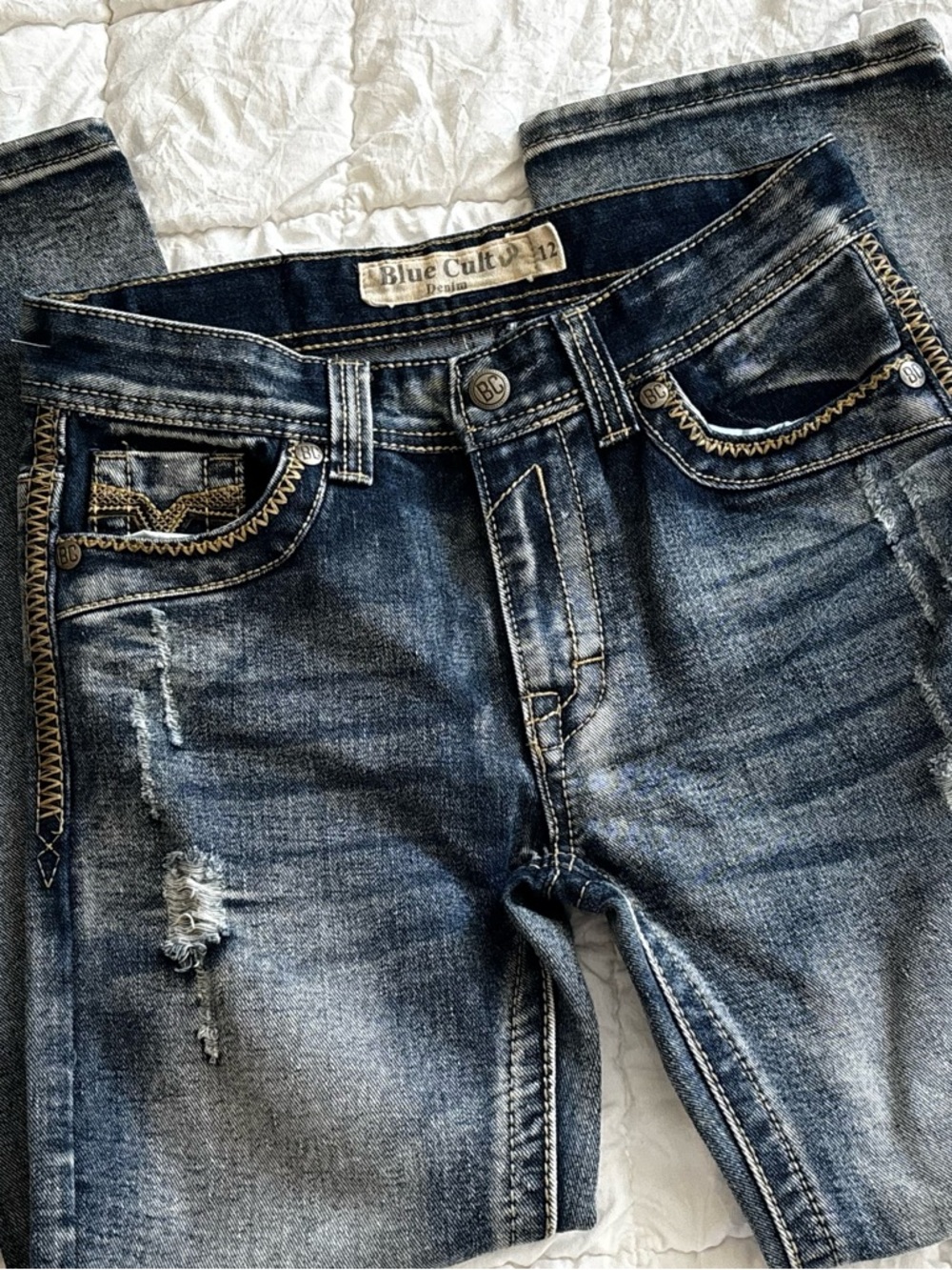 Kids BlueCult Distressed Dark Blue Jeans Heavy Stitching  Size 12 Boys